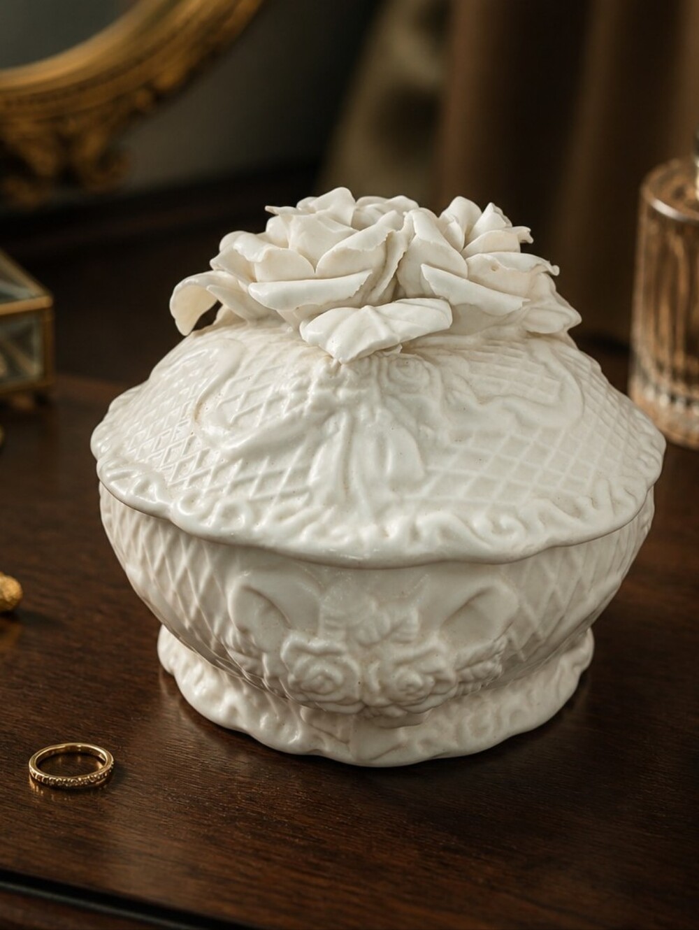 vintage ceramic bisque trinket Box "3D" embossed design featuring ros